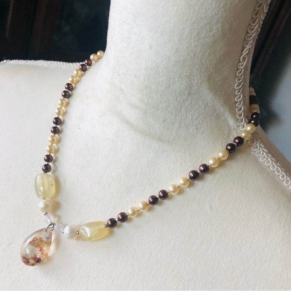 Handcrafted repurpose genuine ghost quartz pendant Czech glass Pearl necklace - Picture 5 of 16